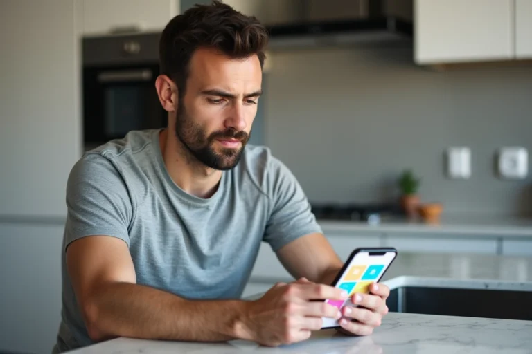 Homme consultant une application Tuya de domotique sur smartphone dans une cuisine connectée moderne