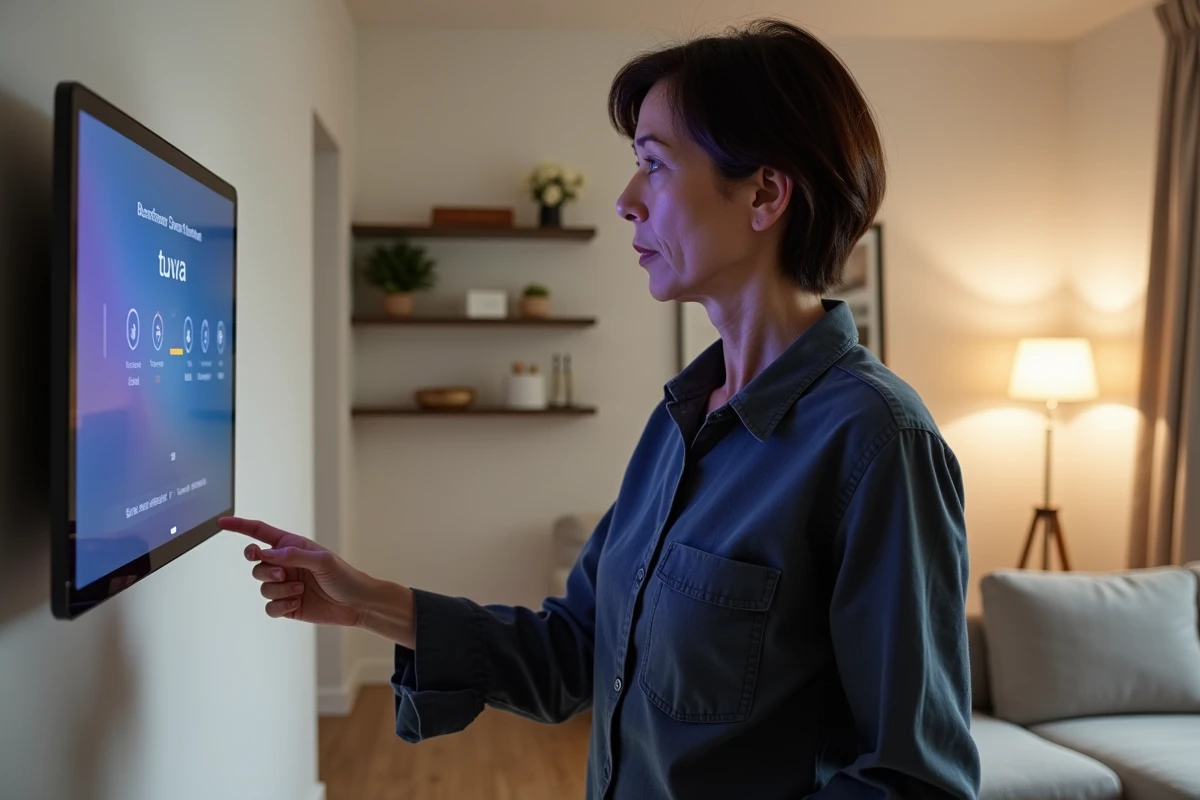 Femme devant un tableau de contrôle domotique Tuya mural dans un salon connecté style scandinave