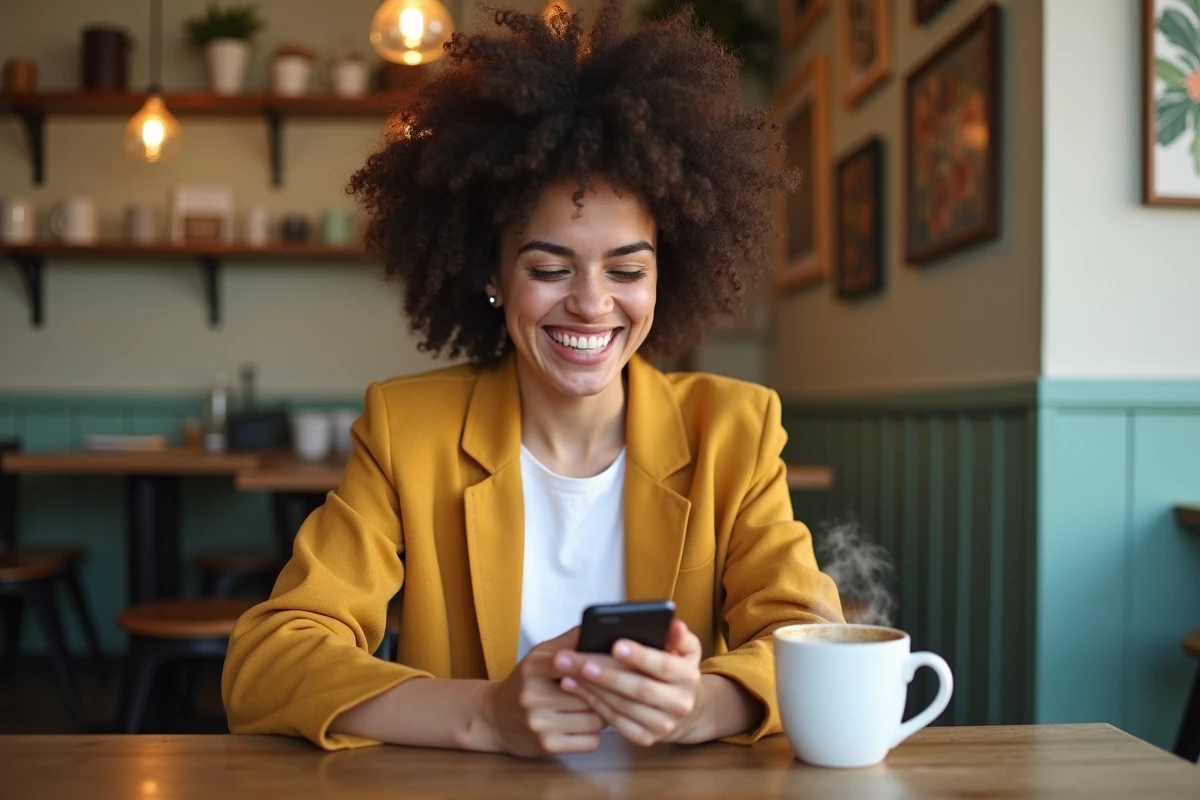 Jeune femme riant devant une actualité virale insolite dans un café chaleureux