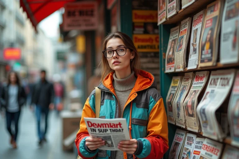 Femme amusée découvrant des actualités insolites dans un kiosque à journaux urbain coloré