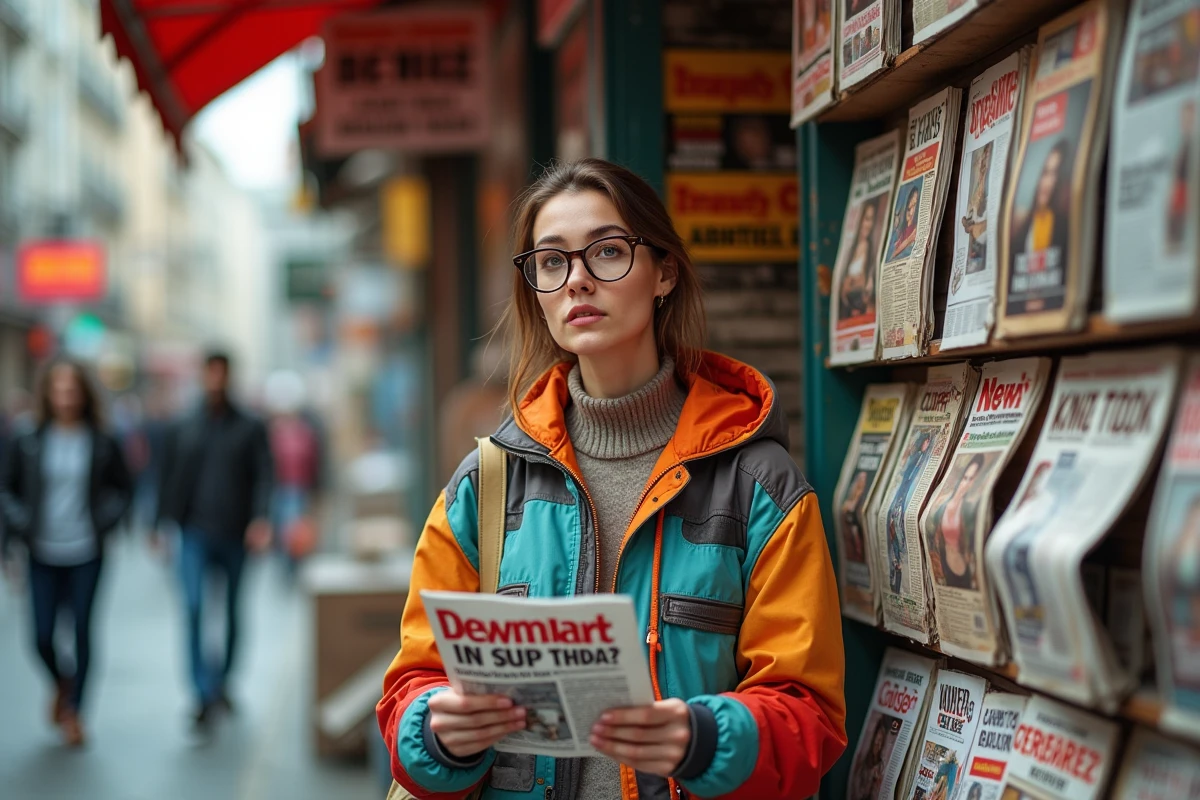 Femme amusée découvrant des actualités insolites dans un kiosque à journaux urbain coloré