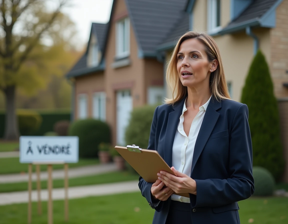 Agent immobilière devant une maison à vendre dans un quartier résidentiel calme