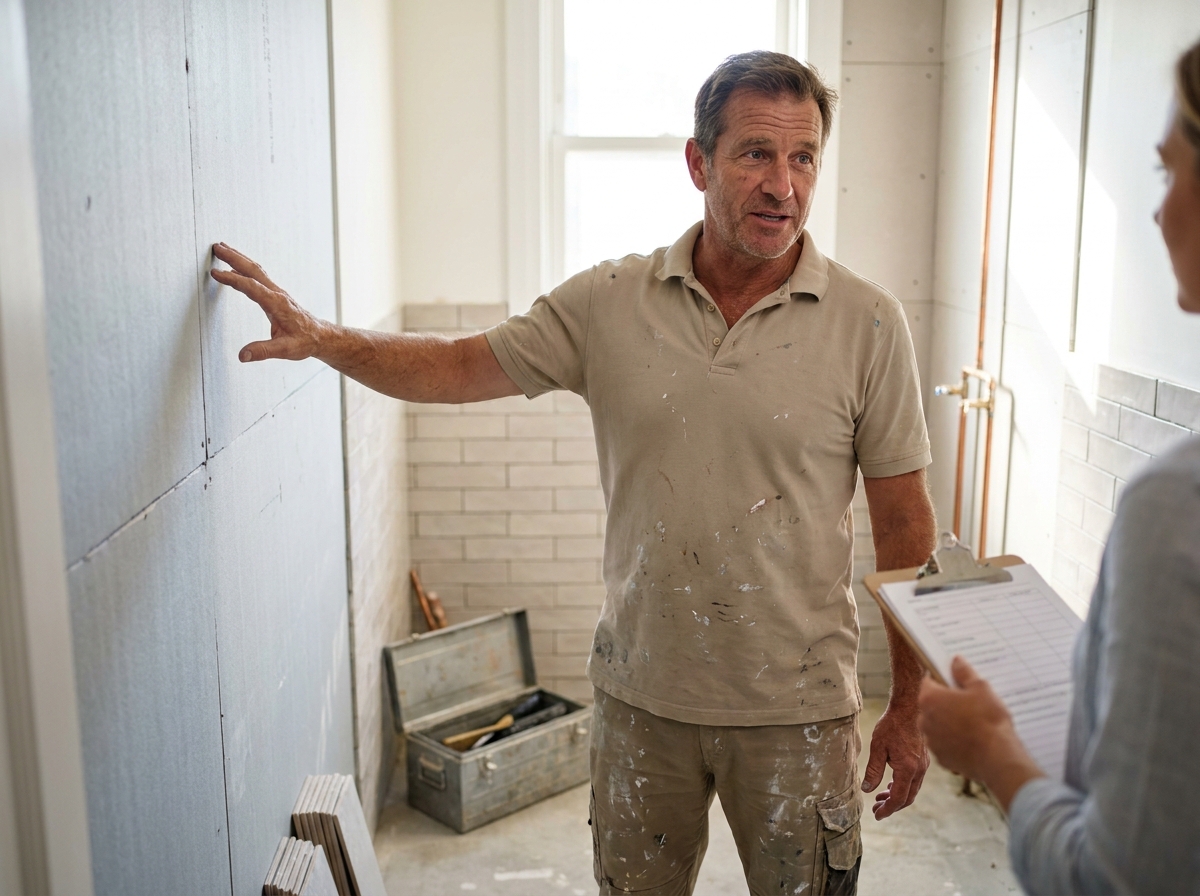 Artisan du bâtiment présentant des travaux d'isolation dans une salle de bain rénovée grâce à la prime rénovation