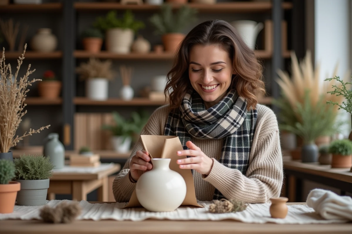 Femme artisanale emballant un vase en céramique pour cadeau