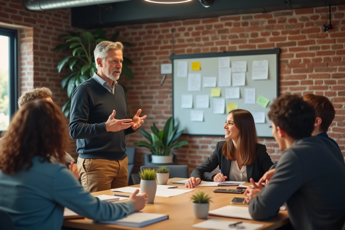 Professionnel créatif animant un atelier avec équipe