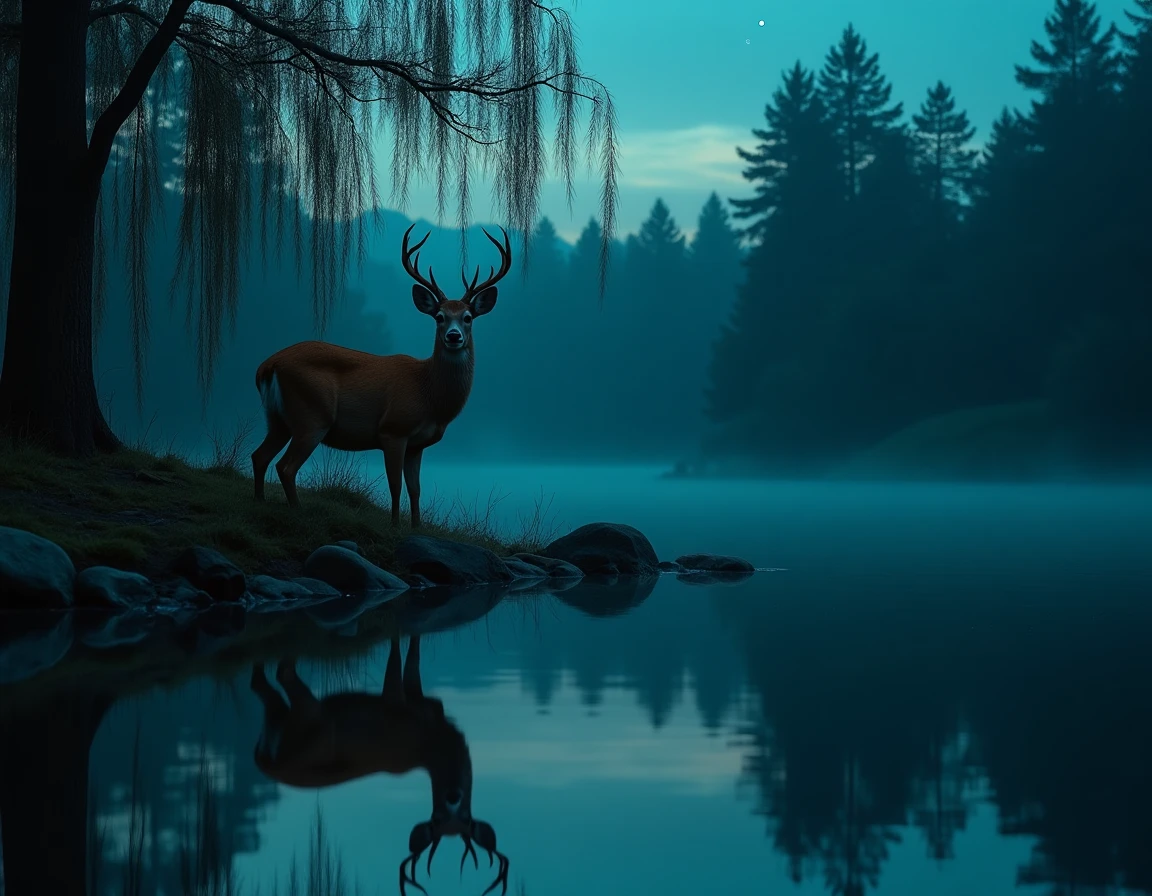 Biche au bord d'un étang forestier au crépuscule, reflet symbolique lié à la spiritualité et à l'introspection