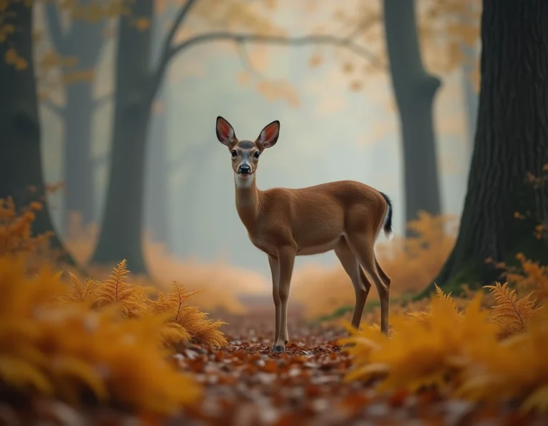 Biche blanche dans une clairière brumeuse en automne, symbolisme spirituel de la douceur et de la grâce
