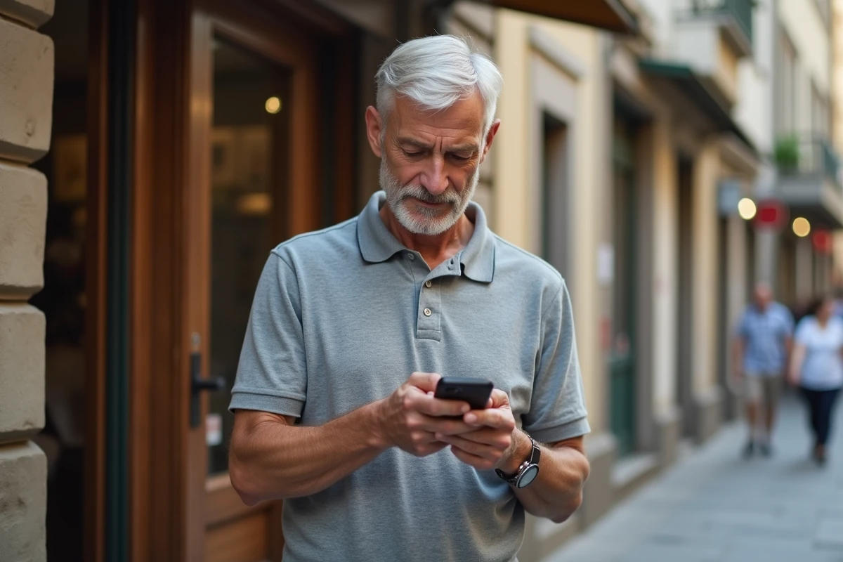 Chef d'entreprise vérifiant ses finances sur smartphone devant sa boutique dans une rue commerçante