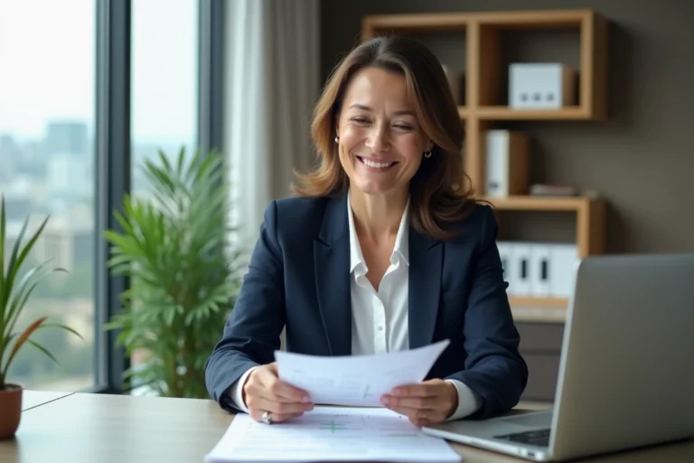 Femme cheffe d'entreprise sereine consultant des documents financiers dans un bureau moderne et élégant