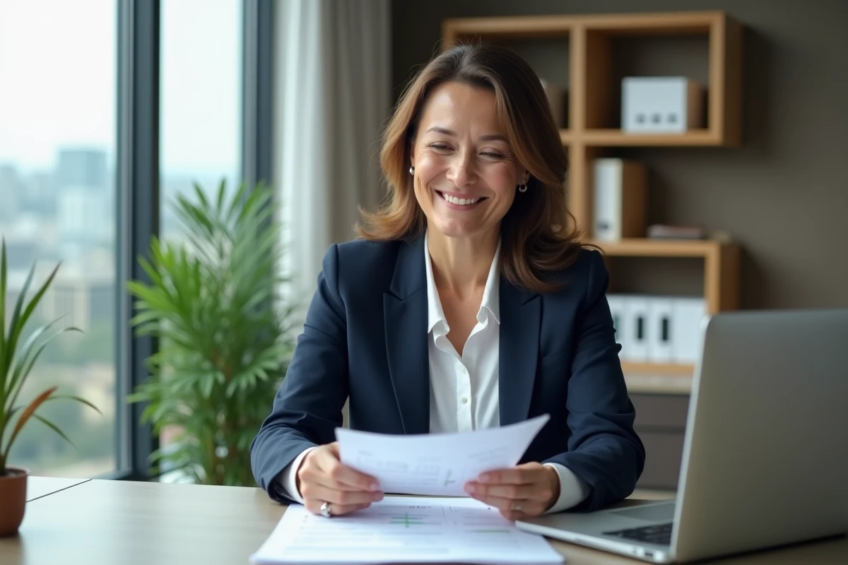 Femme cheffe d'entreprise sereine consultant des documents financiers dans un bureau moderne et élégant