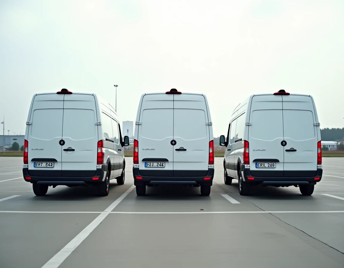 Comparaison de trois grands fourgons utilitaires côte à côte vus de derrière, mettant en évidence leurs largeurs différentes