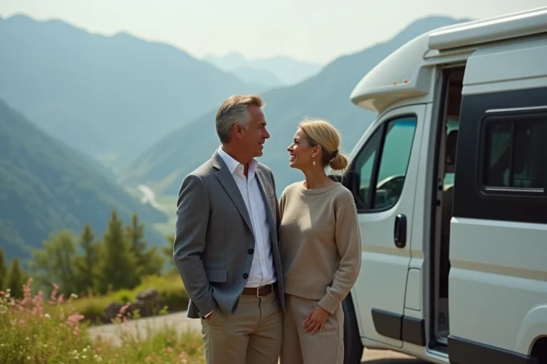 Couple élégant devant un campingcar en montagne