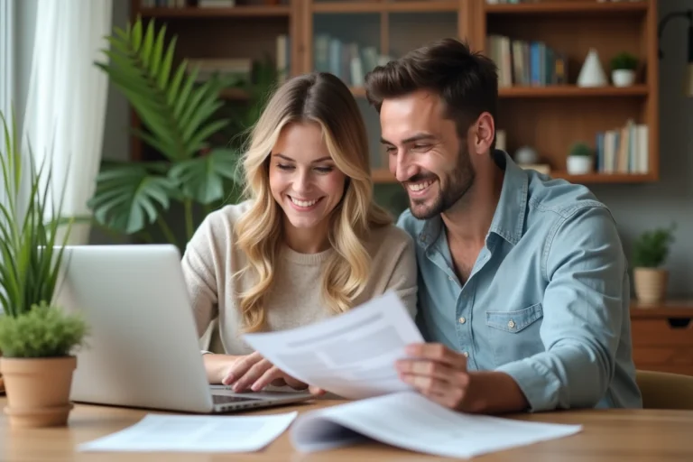 Couple souriant discutant de documents dans un intérieur moderne