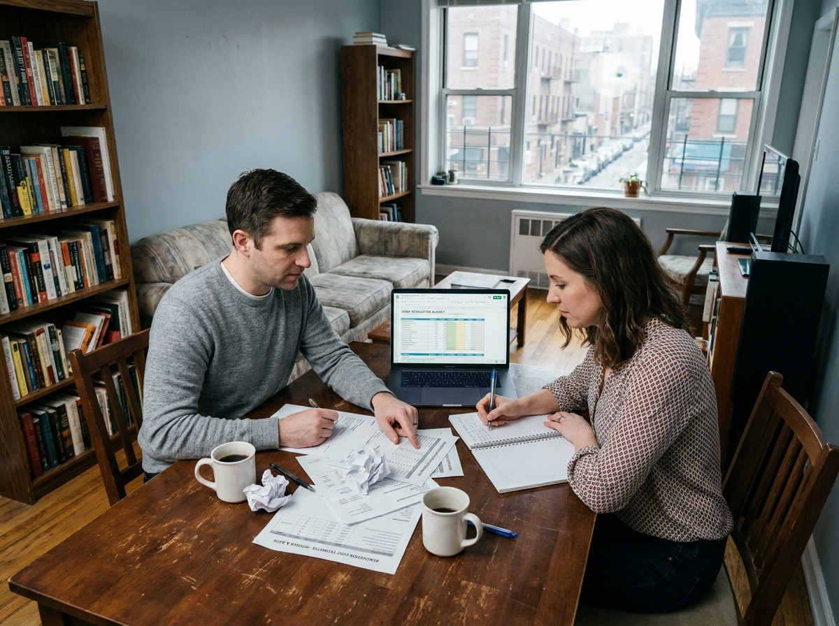 Couple étudiant un dossier de demande de prime rénovation sur une table avec budget et documents administratifs