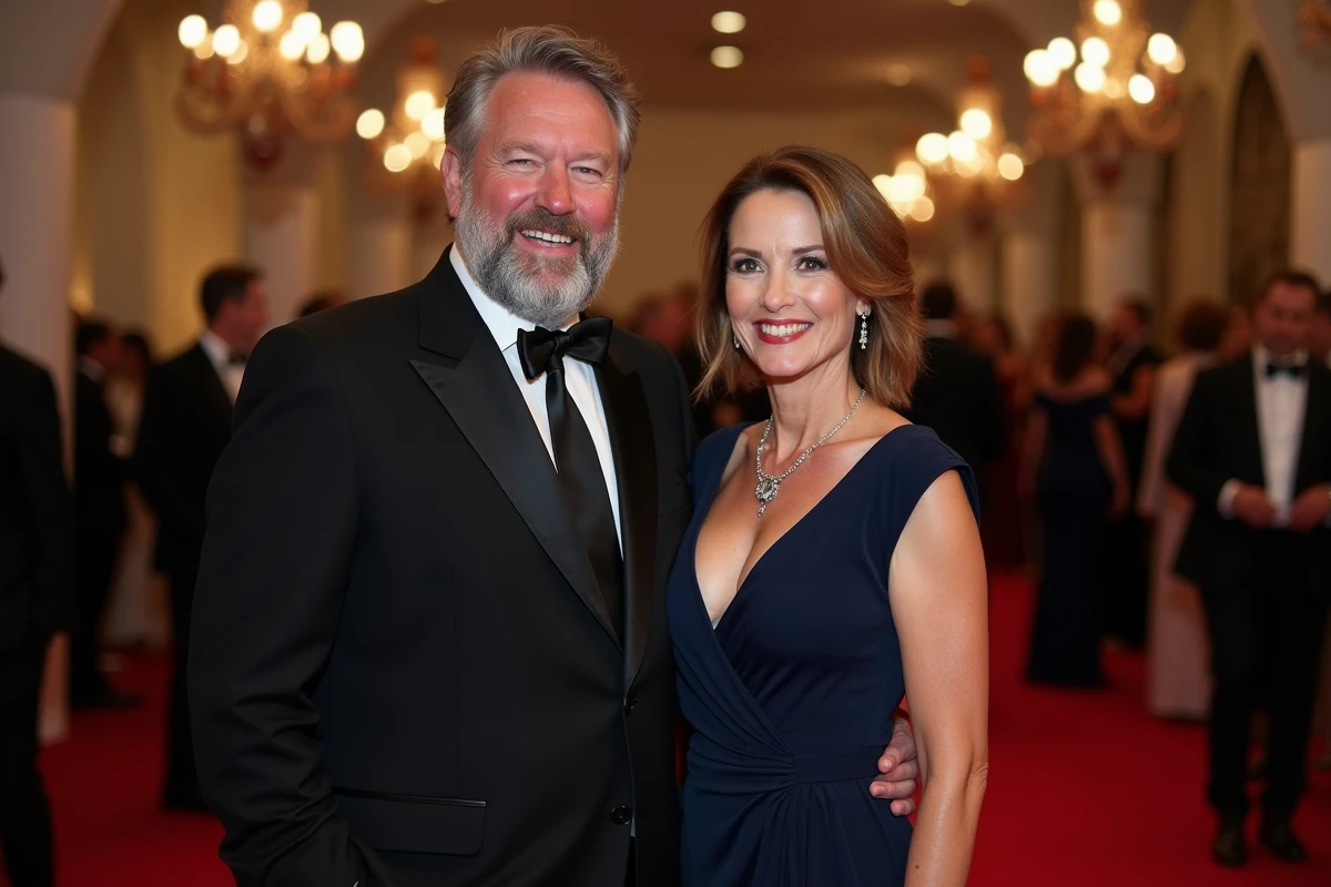Couple élégant posant lors d'un événement officiel, homme grand en costume noir et femme en robe marine, illustrant la vie amoureuse et le parcours sentimental de Ron Perlman