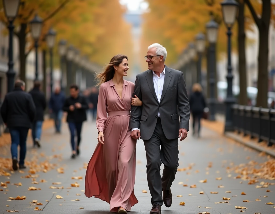 Couple élégant marchant et riant sur un boulevard parisien bordé d'arbres en automne