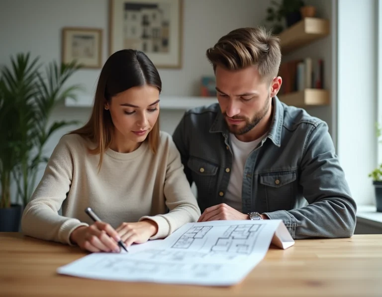 Couple examinant des documents immobiliers à une table en bois dans un appartement moderne