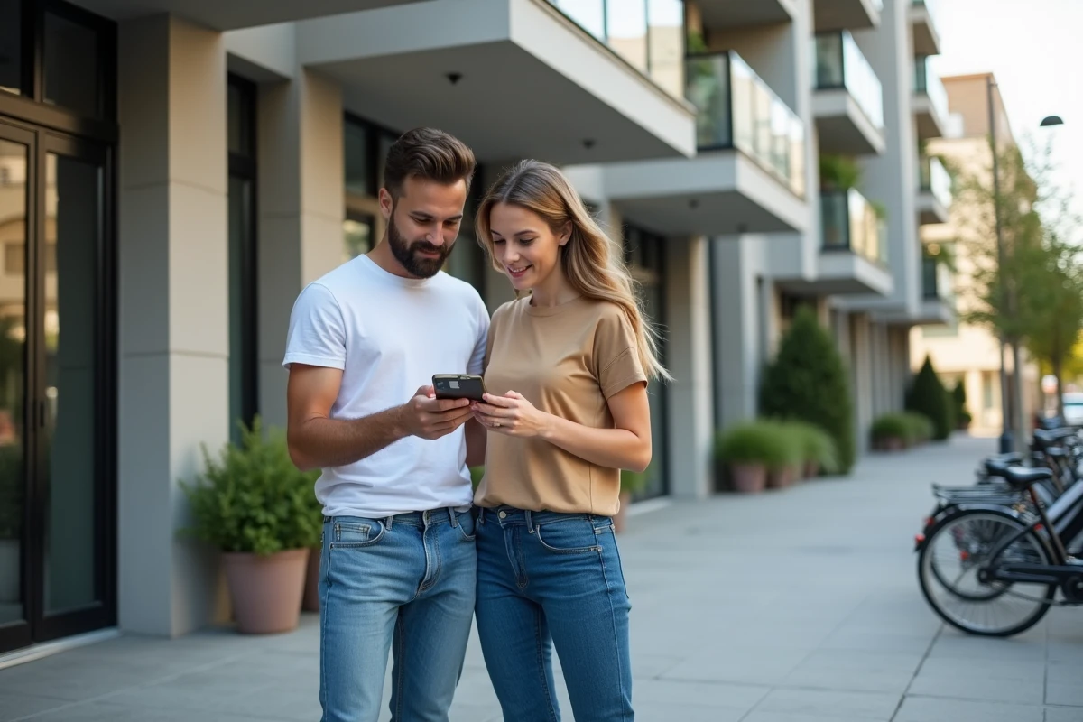 Couple consultant des annonces immobilières sur smartphone devant un immeuble résidentiel moderne