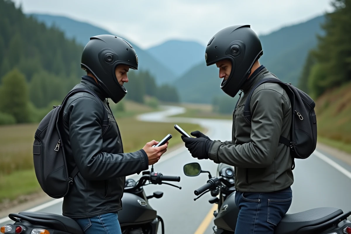 Deux motards comparant les abonnements Calimoto gratuits et payants sur smartphone lors d'une pause en montagne