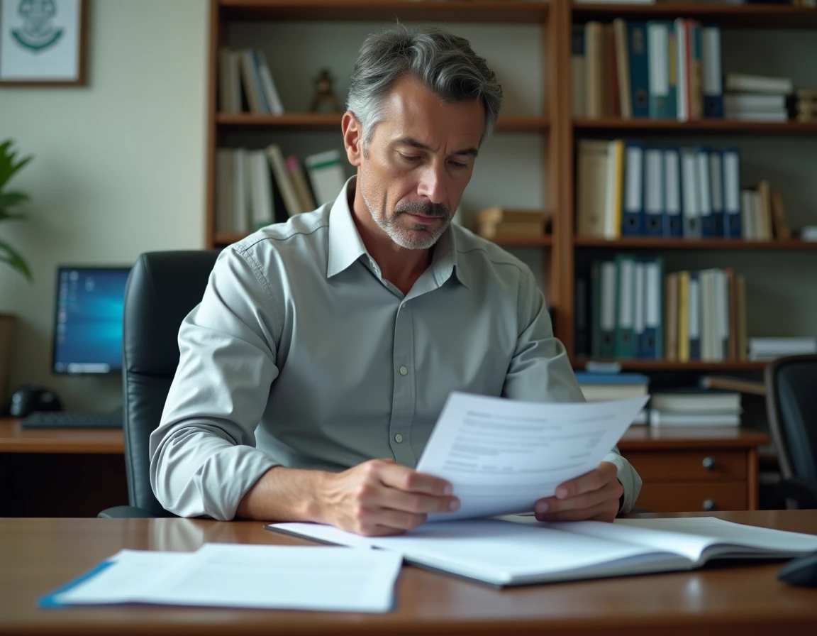 Enseignant du secteur privé examinant des documents administratifs dans un bureau d'école, questionnant son statut professionnel