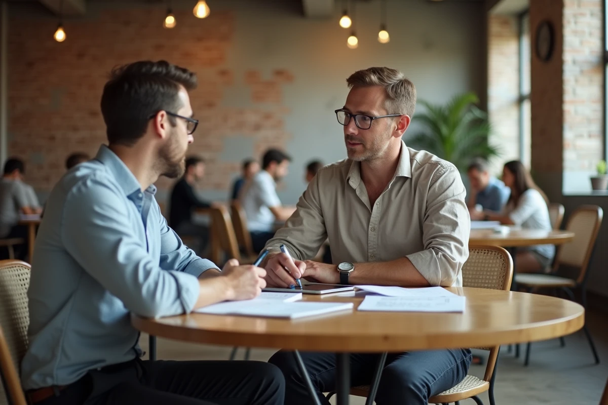 Entrepreneur discutant de solutions financières avec un conseiller dans un espace de coworking moderne