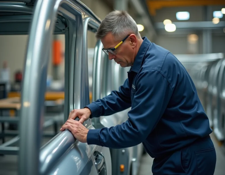 Artisan spécialiste inspectant la structure en aluminium d'une caravane Rubis 2027 dans un atelier de fabrication industriel