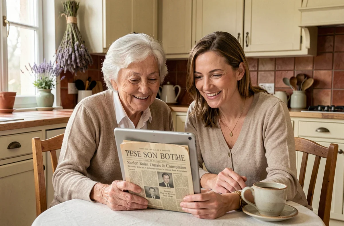 Grand-mère et sa fille découvrant ensemble le journal du jour de naissance sur une tablette dans une cuisine provençale