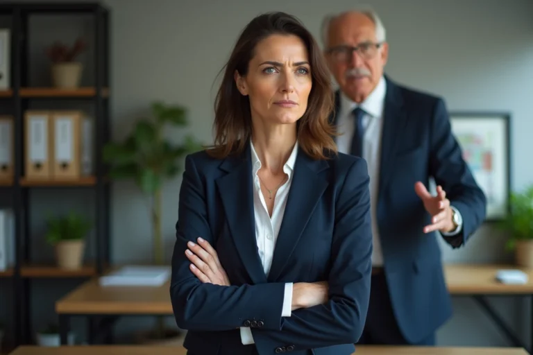 Femme d'affaires en costume navy dans un bureau moderne