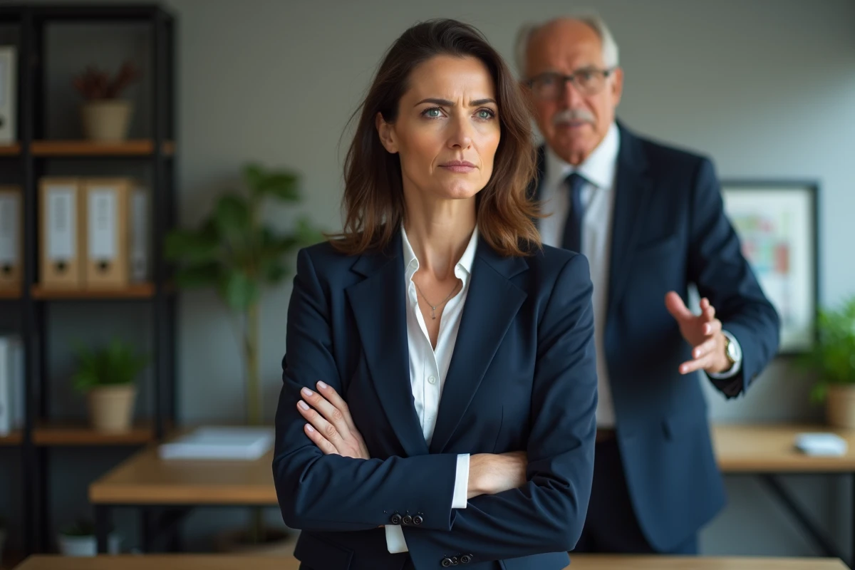 Femme d'affaires en costume navy dans un bureau moderne