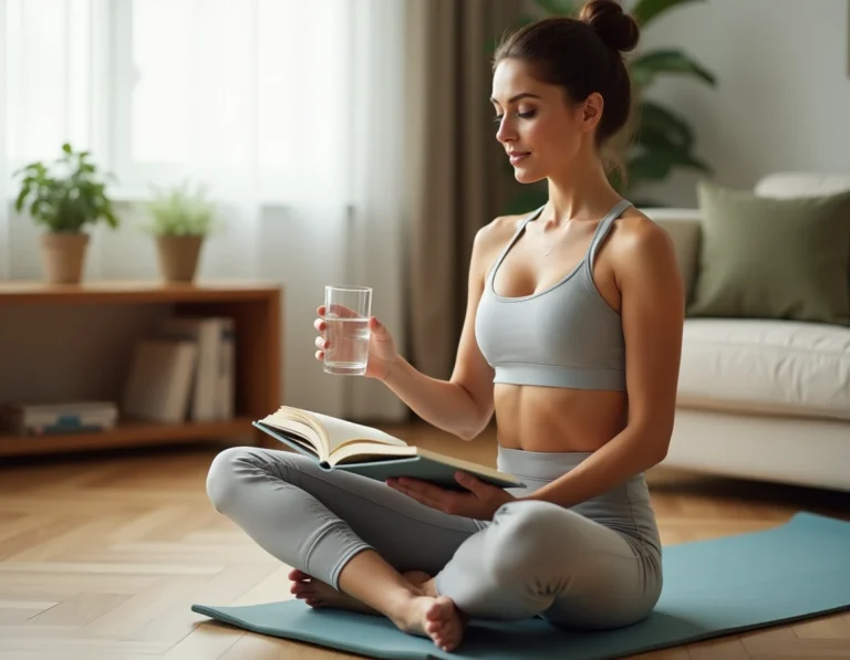 Femme pratiquant le bien-être au quotidien avec un journal de santé et un verre d'eau dans un salon lumineux