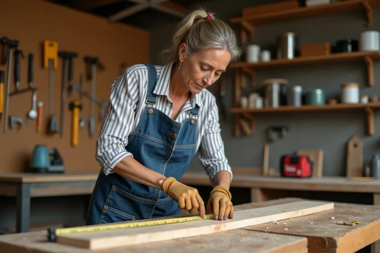 Femme bricolant dans un atelier maison, mesurant une planche en bois avec des outils de bricolage autour d'elle