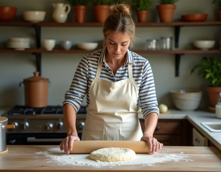 Femme préparant de la pâte fraîche à la main dans une cuisine de style fermette française avec des étagères ouvertes et des herbes aromatiques