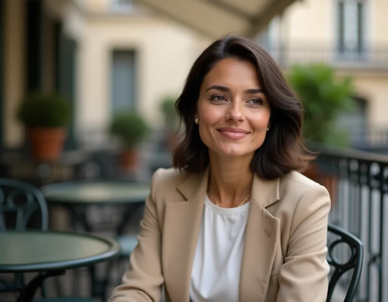 Femme élégante assise en terrasse de café parisien, regard pensif, style éditorial