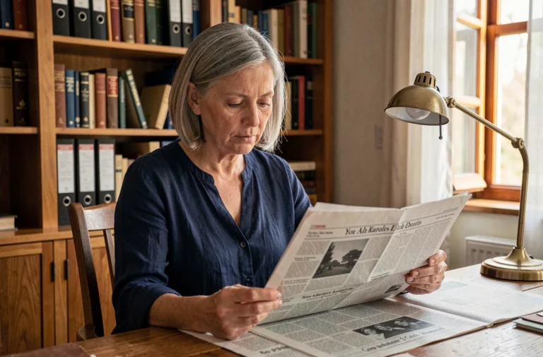 Femme consultant un vieux journal de naissance sur une table en bois dans un bureau à domicile