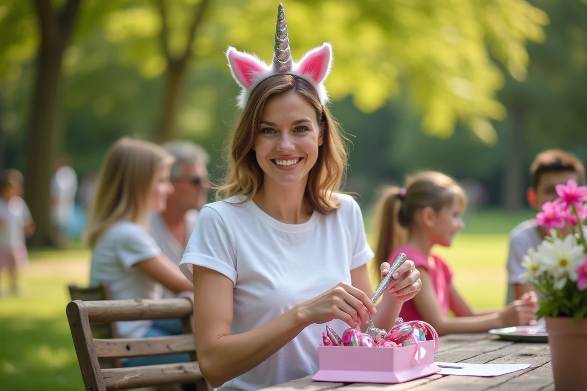 Femme en T shirt licorne dans un parc avec amis et fleurs printanières