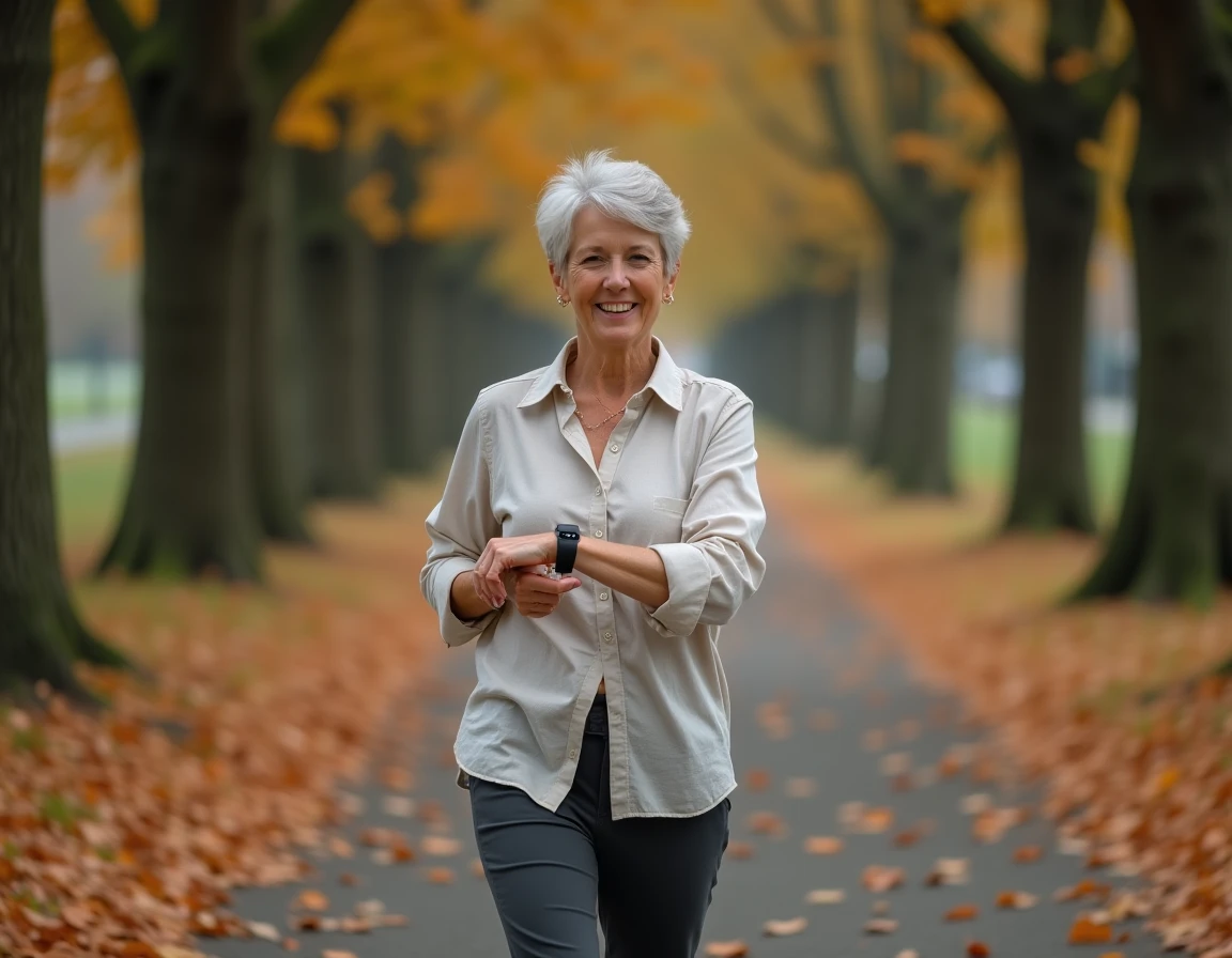 Femme mature marchant dans un parc en automne et consultant son tracker de santé connecté au poignet
