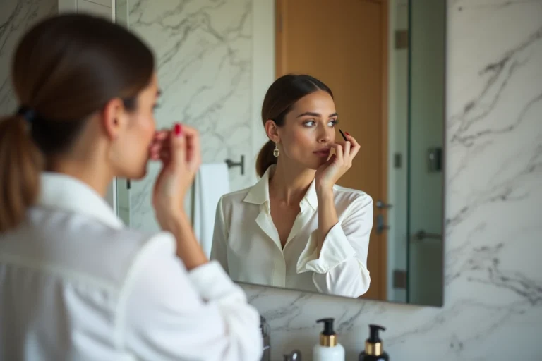 Femme appliquant du mascara dans un bain moderne