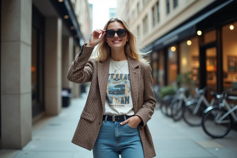 Femme stylée ajustant ses lunettes en ville avec blazer et jeans