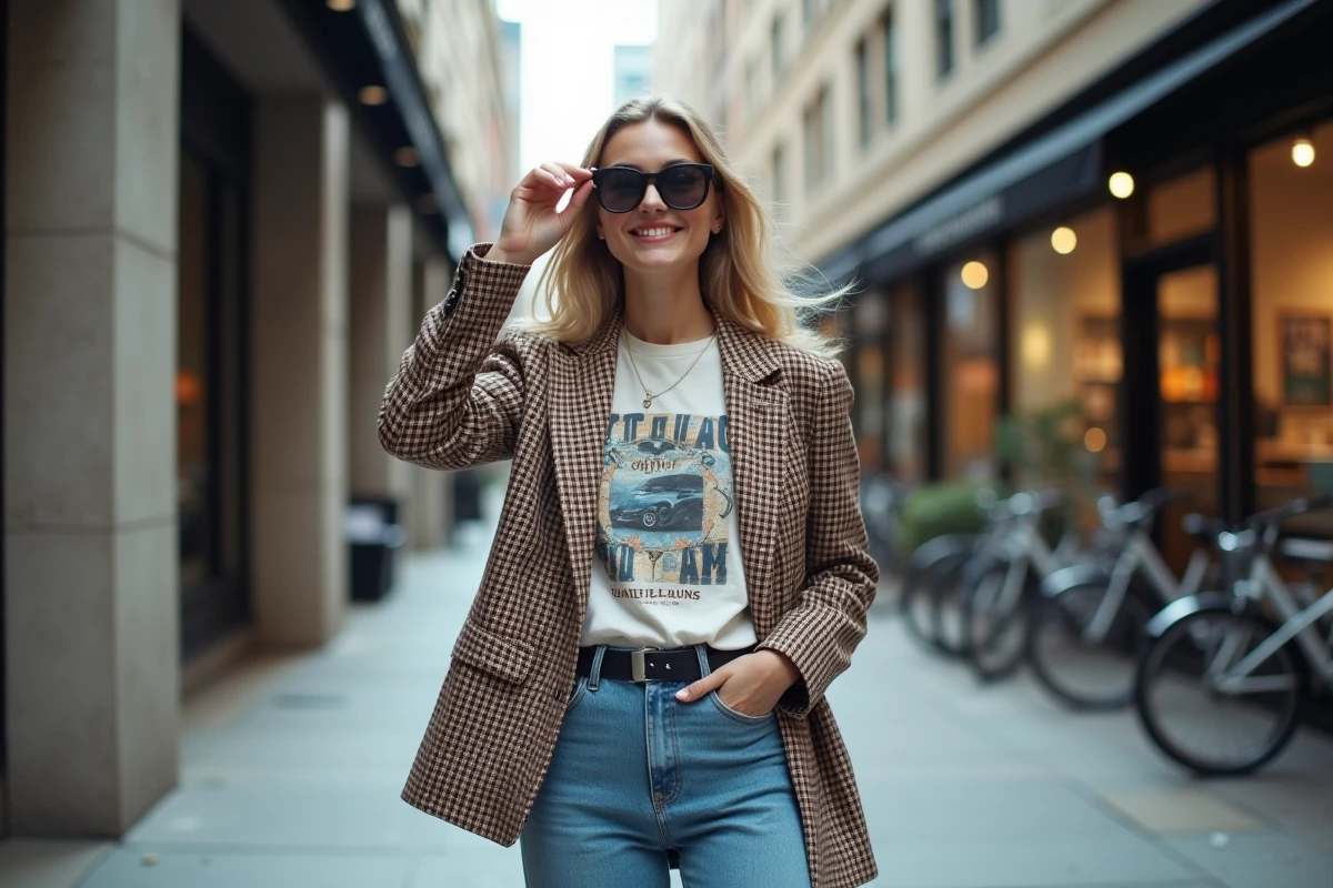 Femme stylée ajustant ses lunettes en ville avec blazer et jeans