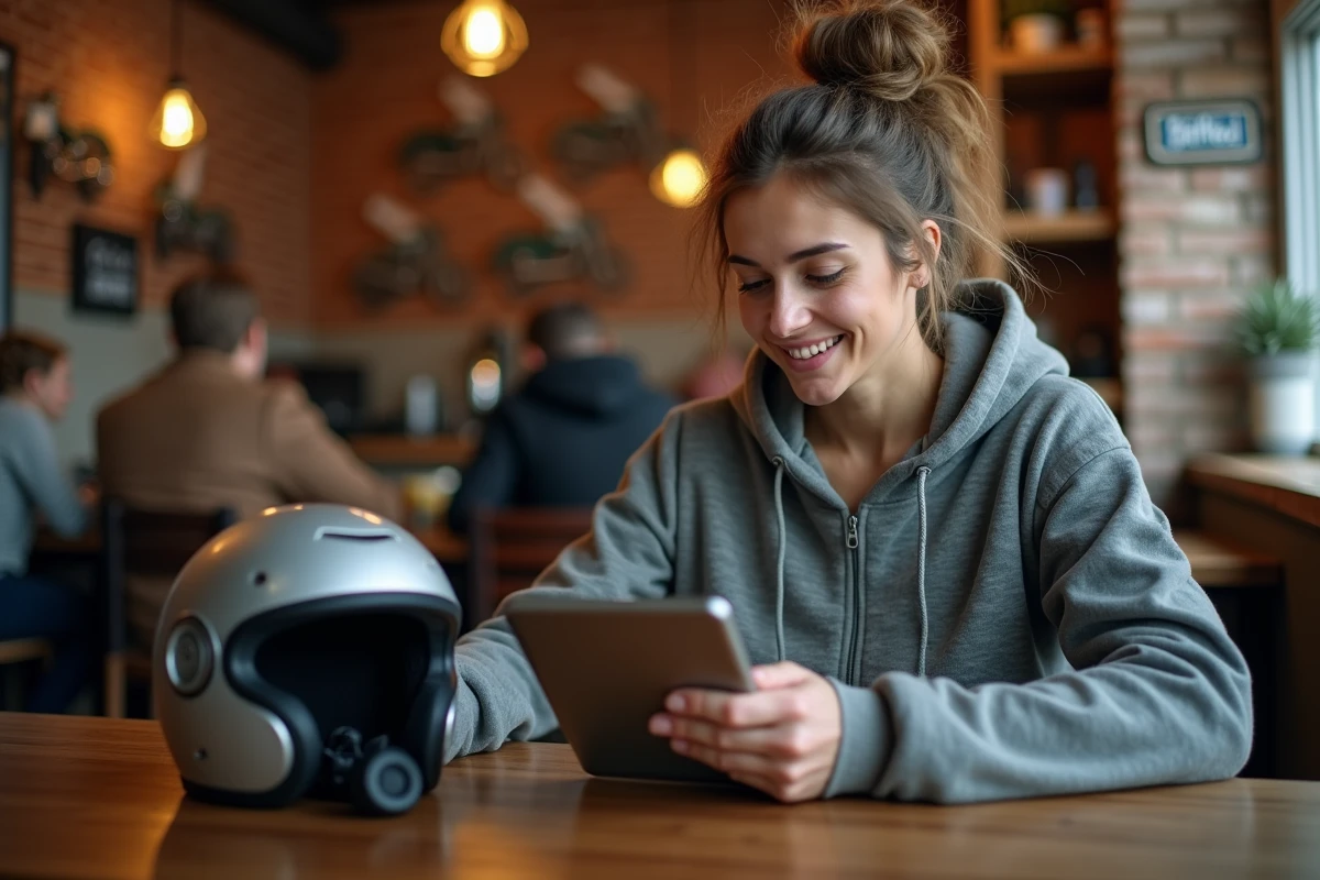 Femme motarde explorant les options d'abonnement Calimoto sur une tablette dans un café moto