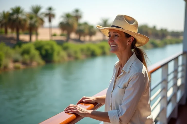Femme au soleil sur le pont du bateau sur le Nil