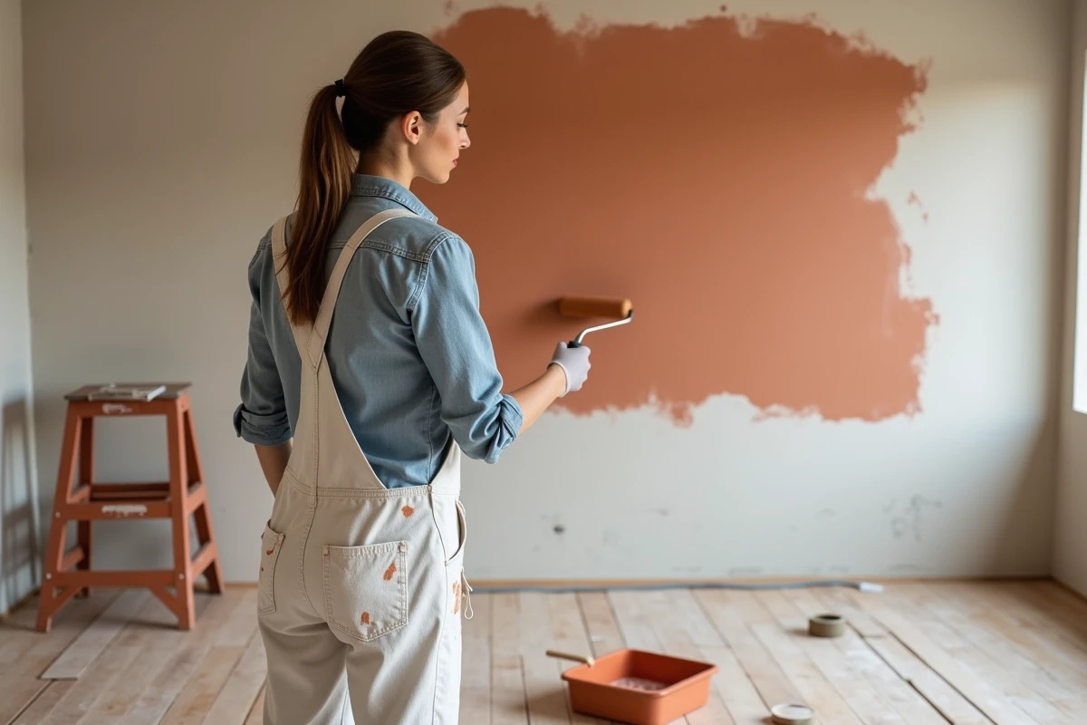 Femme peignant un mur intérieur en terracotta lors d'une rénovation décoration maison