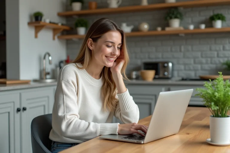 Femme souriante recherchant des annonces immobilières à la maison