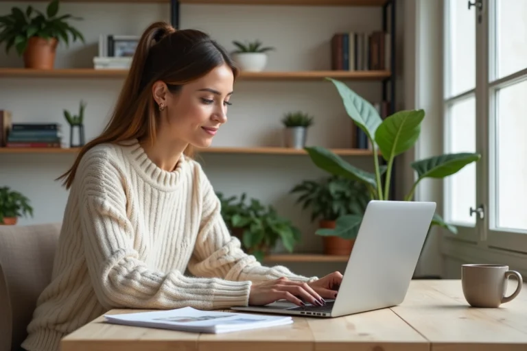 Femme consultant une plateforme de recherche immobilière en ligne depuis son bureau à domicile