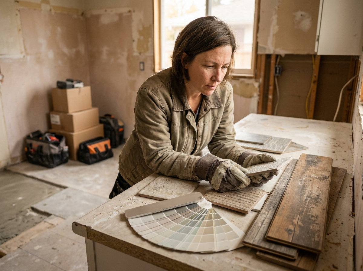 Femme en tenue de travail comparant des échantillons de matériaux de rénovation dans une cuisine en cours de travaux