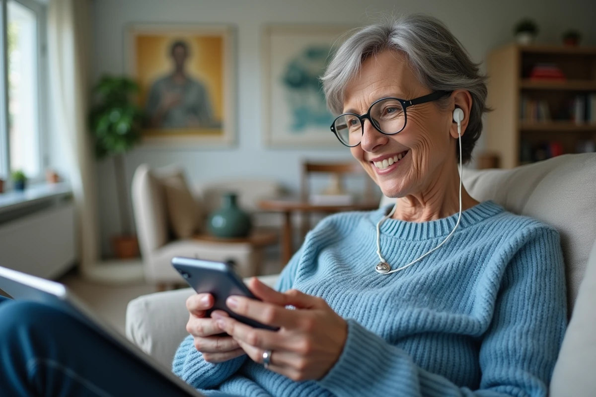 Femme âgée utilise son smartphone sur un canapé