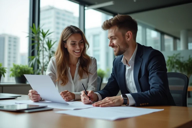 Femme et homme souriants discutant de documents dans une agence immobiliere