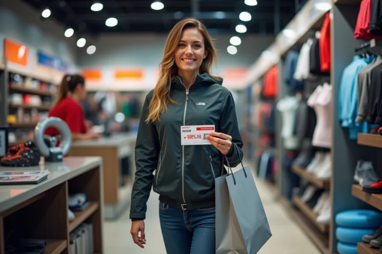 Femme souriante avec voucher sport en magasin