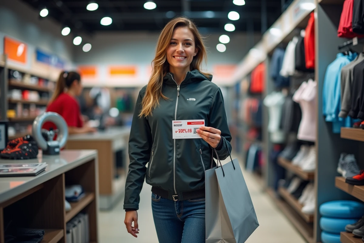 Femme souriante avec voucher sport en magasin