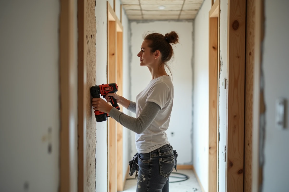 Femme fixant une plaque de plâtre dans un couloir en travaux
